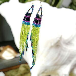 Boho Chic Seed Bead Fringe Dangle Earrings, Statement Artisan 5"